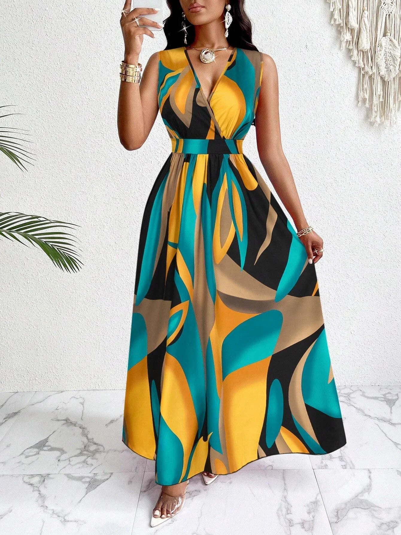 Abstract Print Sleeveless V-Neck Maxi Dress