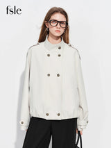 FSLE【Premium Series】Women's Oversize Short Trench Coat Brown Faux Leather Belted Jacket Grey Windbreaker Y2K Retro Outerwear