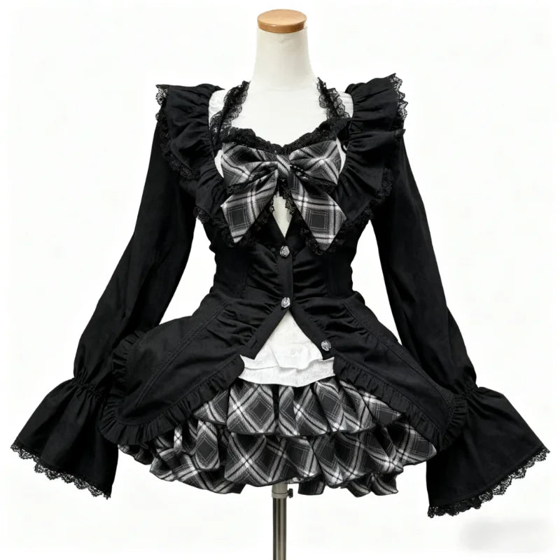 Y2k Japanese Kawaii Two-Piece Sets Long Sleeve Top + Short Skirt Sweet Women Casual Cute Print Bow Patchwork 2025 New Arrival