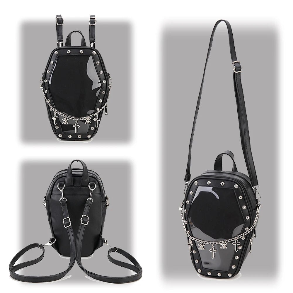 Gothic Punk Coffin Shape Ita Bag Women Clear Backpacks Dark Lolita Handbag and Shoulder Bag Girls Cosplay Designer 2 Insert