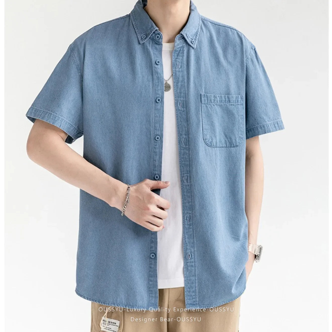 Men's Denim Shirt Long Sleeve Casual Outerwear Youth 2026 Fashion Streetwear Light Blue Button Up Top with Pockets Jeans Shirt