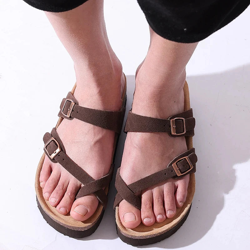 Comwarm Men's Cork Footbed Slides Sandals Arch Support Summer Outdoor Sandals with Adjustable Buckle Leisure Men Leather Slides