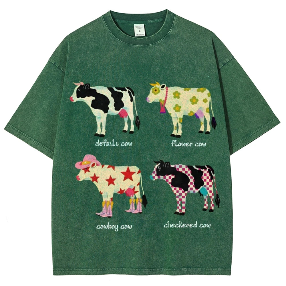 Cute Cartoon Cow Print T-Shirt Pure Cotton Washed Shoulder Round Neck Neutral Style Fashion Trend New High Quality Short Sleeves