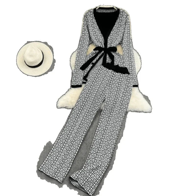 3-Piece Women’s Knitted Set: V-Neck Belted Cardigan & High-Waist Wide-Leg Pants