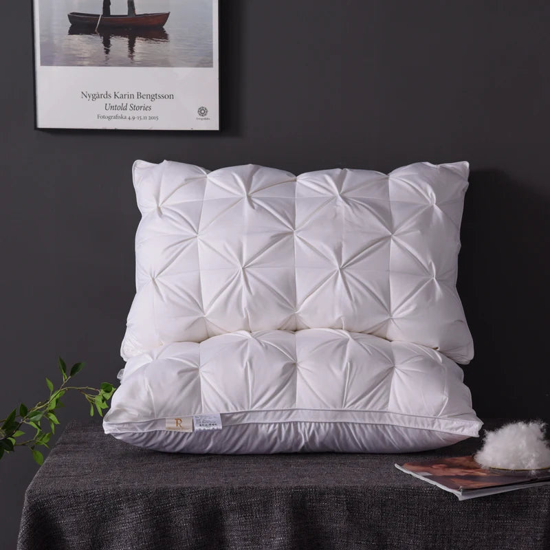 Luxury 100% Goose Down Feather Stuffed Pillows Pinch Pleat Design Neck Protection Bed Pure Cotton Cover Cushion for Sleeping