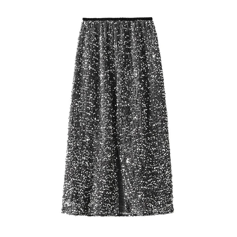 High Waisted Sequin Maxi Skirt Women Elegant Shiny Straight Skirts With Slit Summer Spring Black Long Sequin Skirt For Women