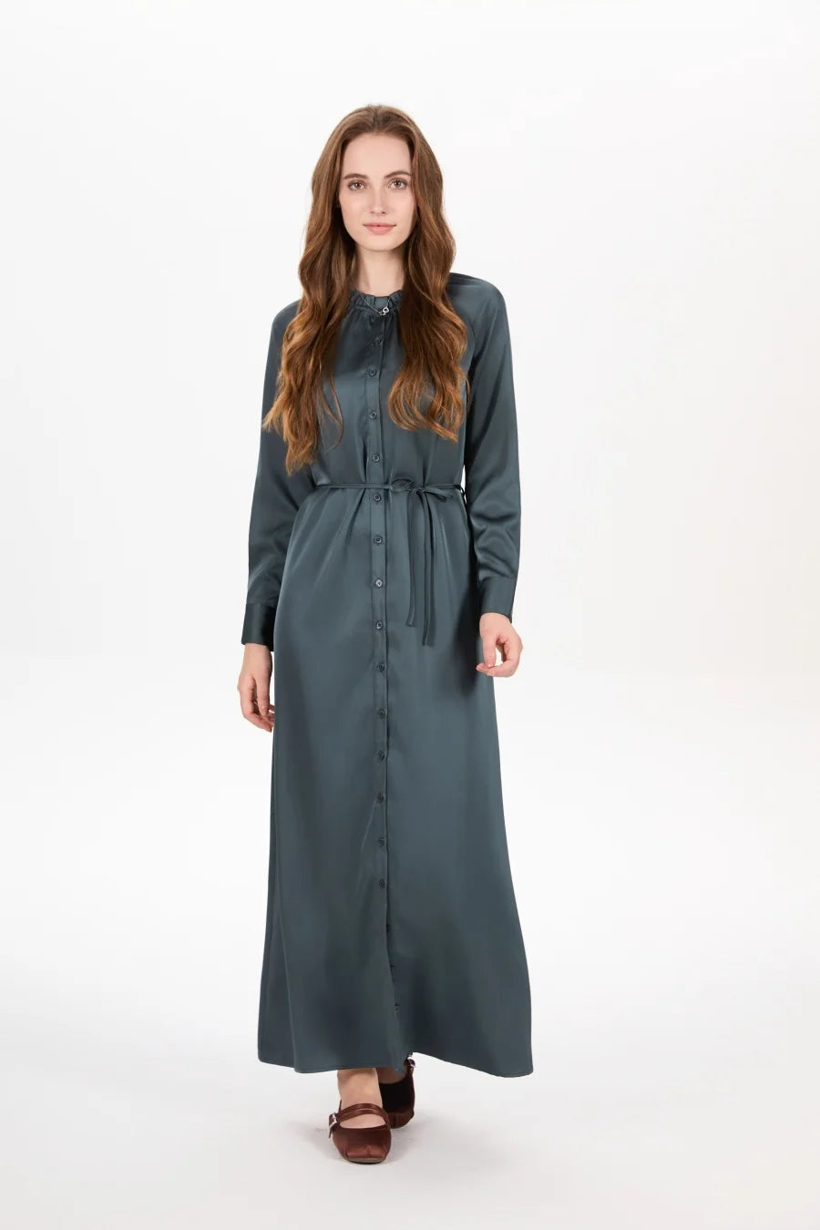 Elegant Ruffled-Neck Satin Dress