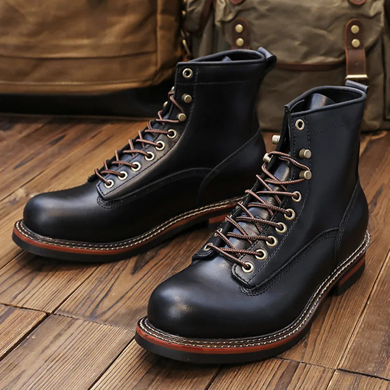 KOWM Hiking shoes men's walking boots British cowhide high top motorcycle boots ankle casual sneakers trekking shoes thick soled