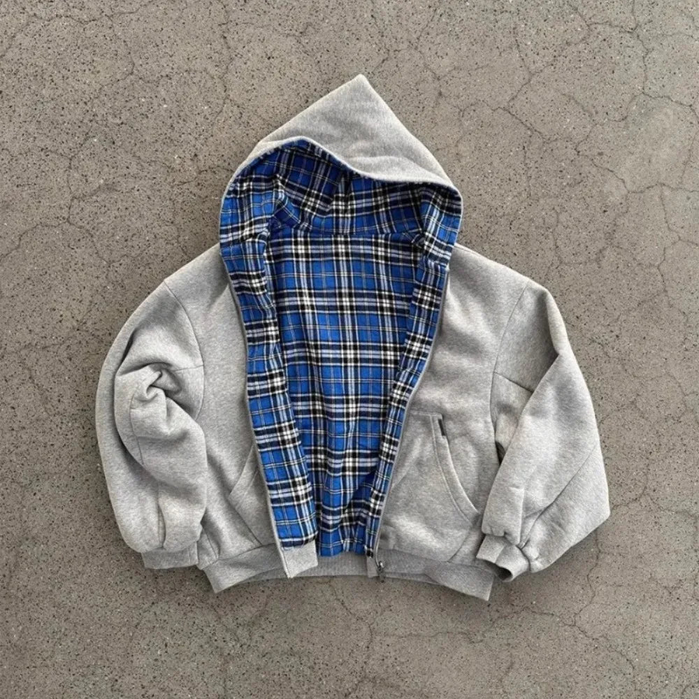 Reversible Oversized Plaid-Lined Hoodie