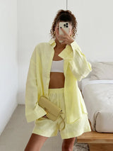 Bornladies Women's Cotton Casual Shorts Set Solid Color Lapel Long Sleeve Shirt Elastic Waist Shorts Outfit Daily Vacation Wear