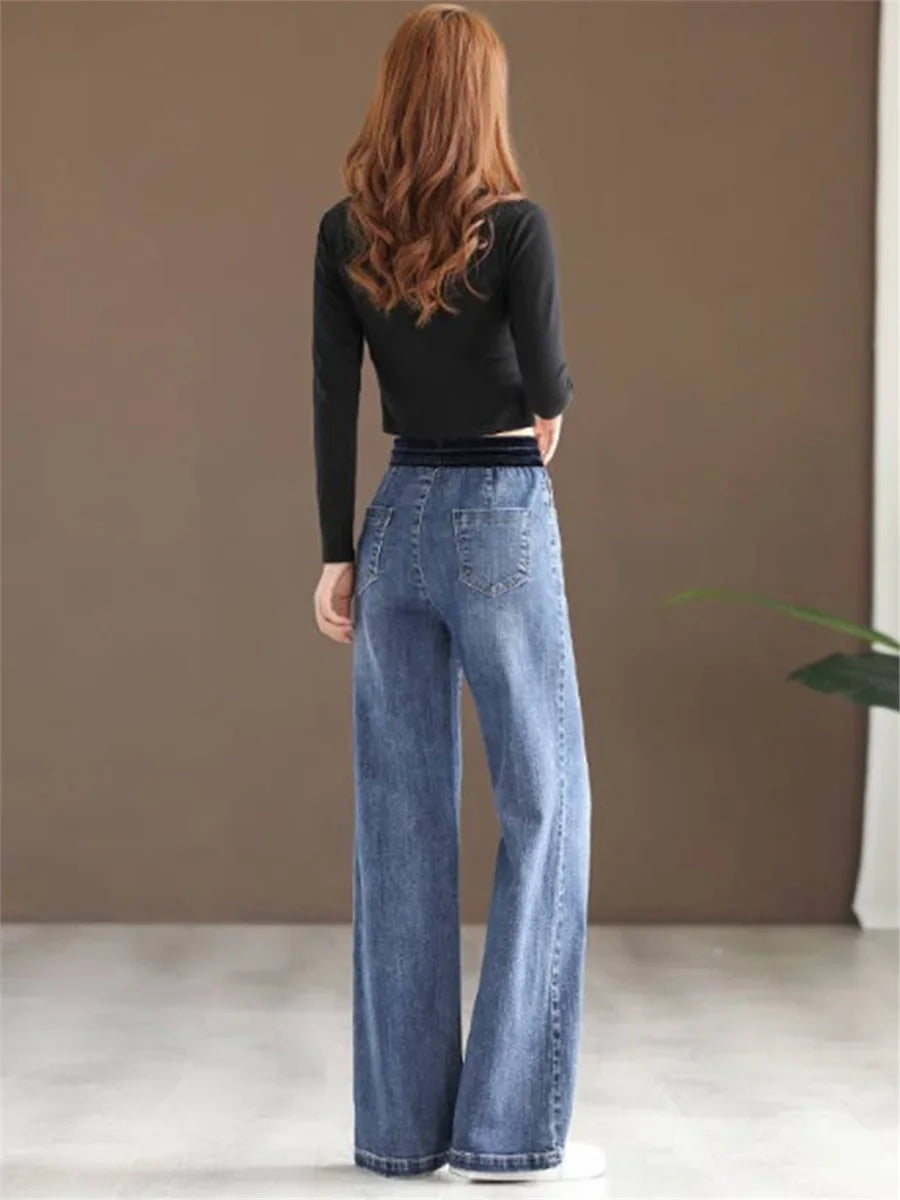 Winter Wide Leg Denim Pants Women Thicken Plush Velvet Lined High Waist Jeans Lace Up Warm Baggy Straight Vaqueros Pantalones