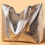 Women's Metallic PU Leather Tote Bag with Zipper
