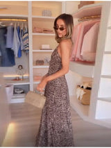 Vintage Chic Leopard Printed Sling Vestido Women Casual Backless Pleated Loose Fit Fold Spaghetti Strap Dress Vacation Beachwear