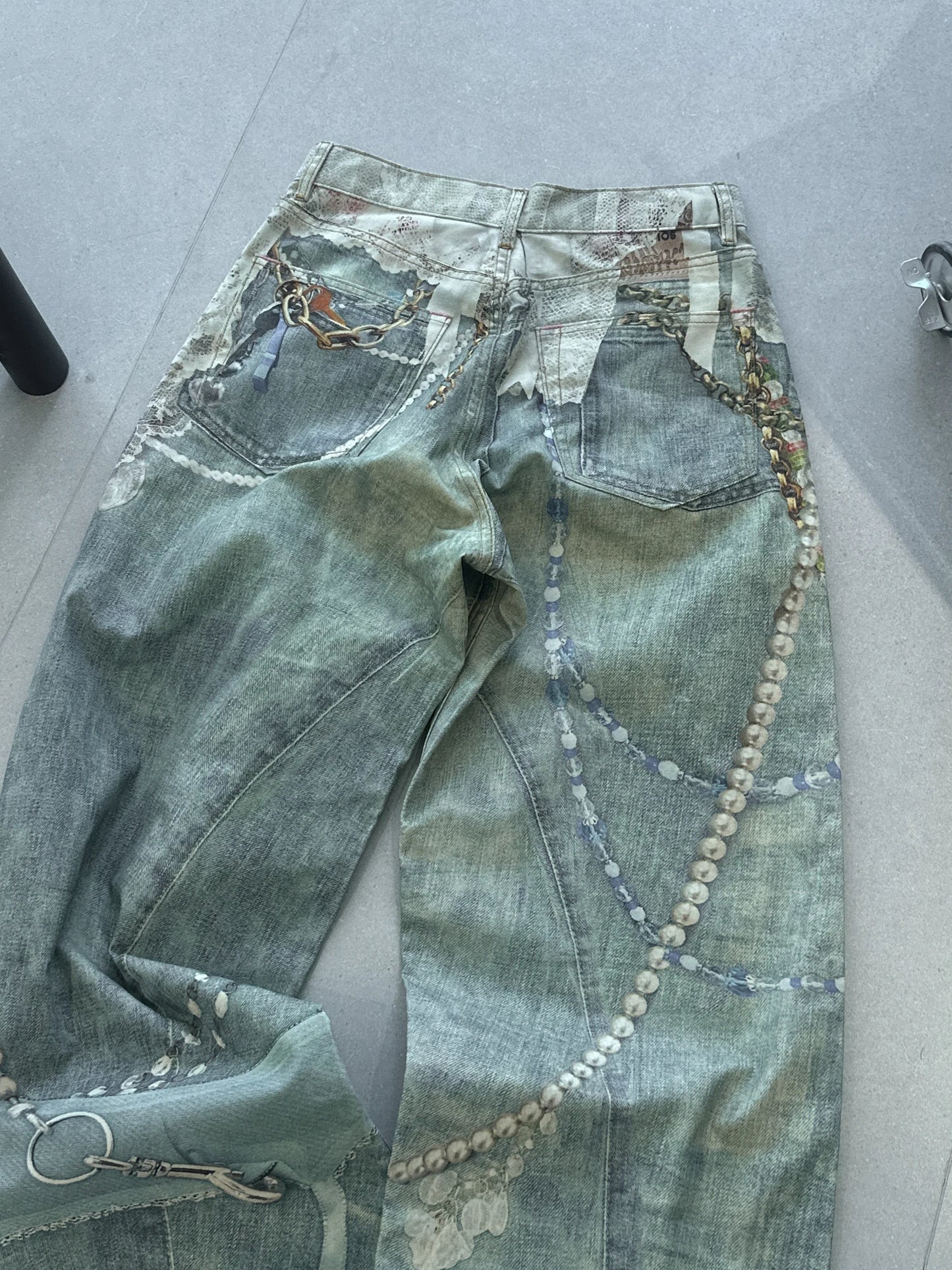 3D Pearl Chain Trompe L'Oeil Straight-Leg Jeans