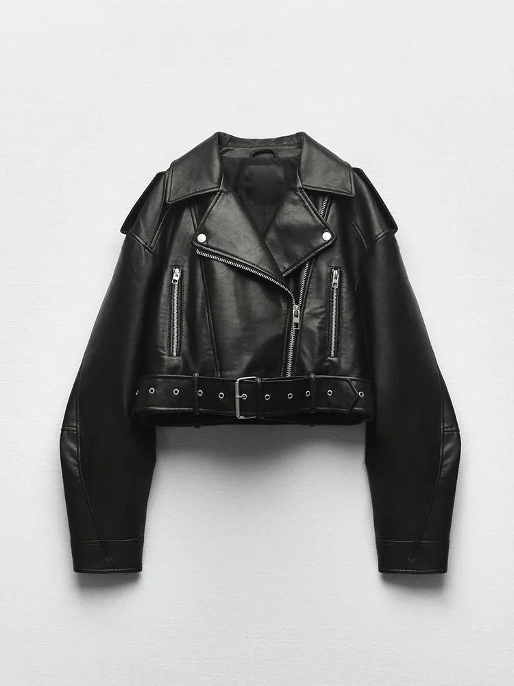 Women's Faux Leather Belted Moto Jacket