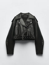 Women's Faux Leather Belted Moto Jacket