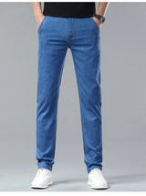 Light Blue Classic Business Casual Cotton Pants Fashion Breathable Denim Elastic Trousers Brand Men's Clothing Straight Jeans