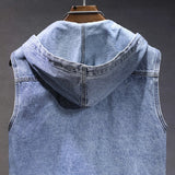 New Men's Loose Workwear Denim Vest with Hood Sleeveless Everyday Versatile Shoulder Pad Jacket Casual Unisex Outerwear