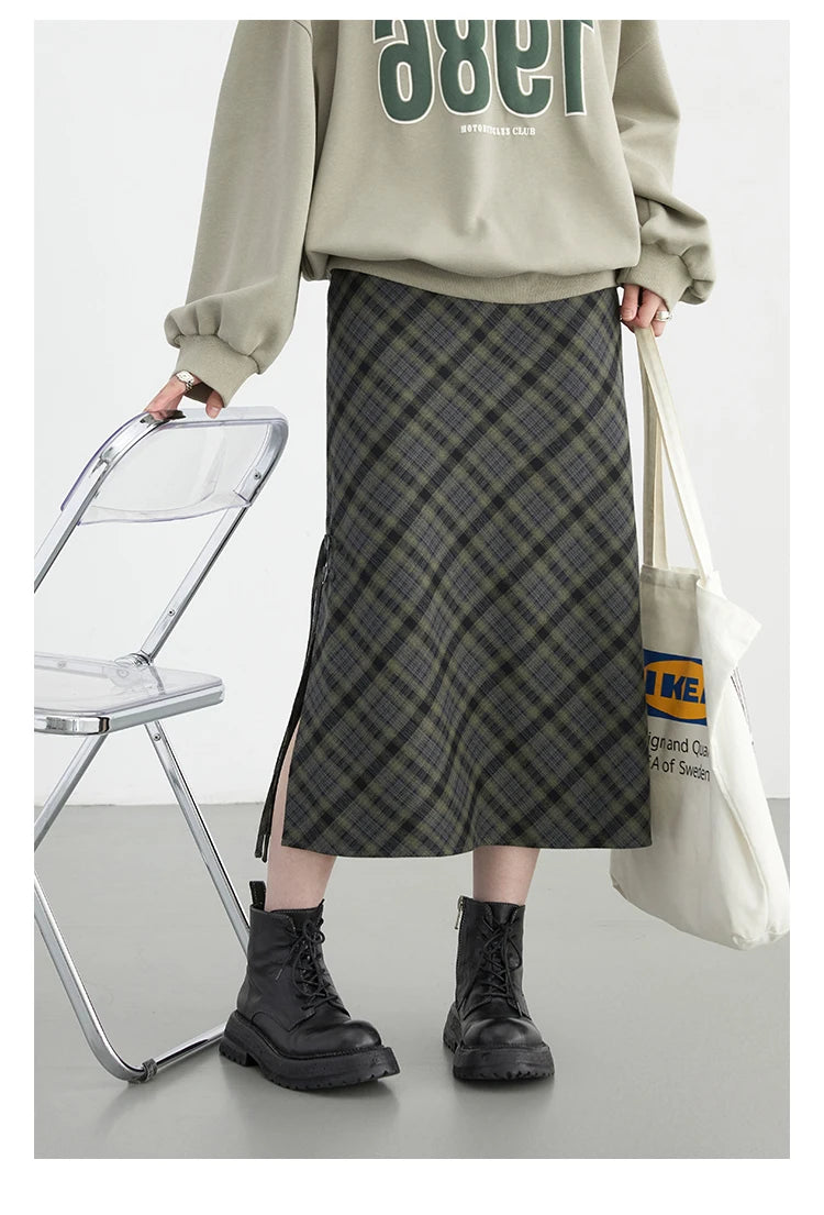 CHIC VEN Women Long Skirt Casual New Sweet Cool Style High Waist Slit Plaid Half Skirt Straight Tube Skirts Spring Autumn 2024