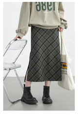 CHIC VEN Women Long Skirt Casual New Sweet Cool Style High Waist Slit Plaid Half Skirt Straight Tube Skirts Spring Autumn 2024