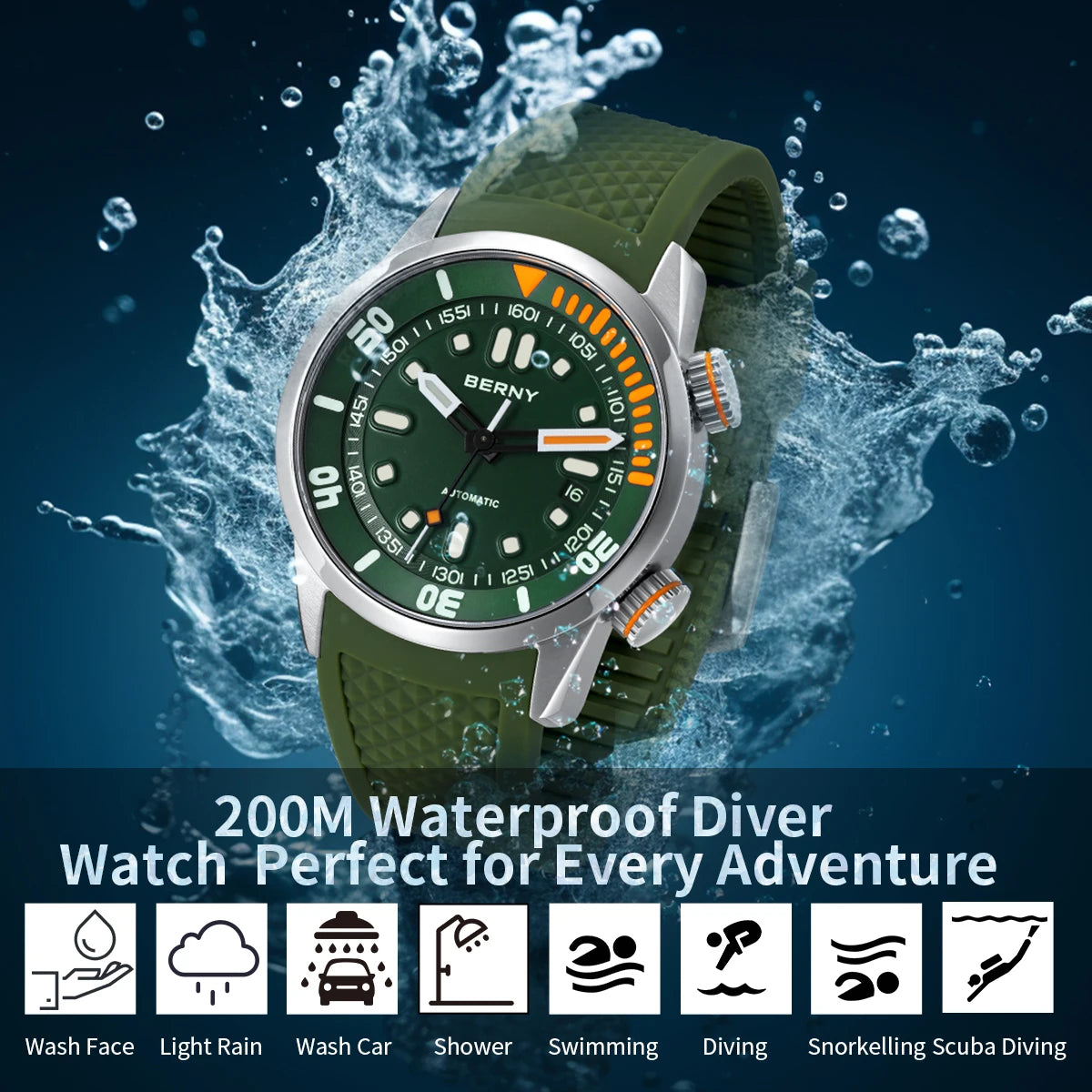 BERNY 20Bar Diver Men Mechanical Watch Miyota 8215 Super Luminous Sapphire Swiming Automatic Self Wind Silicone Men Wristwatch
