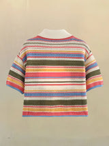 Women Patchwork Striped Hollow Out Crochet Knitted Crop Sweater Shorts Set Short Sleeve Polo Collar Sweater Knit Shorts Suit Y2K