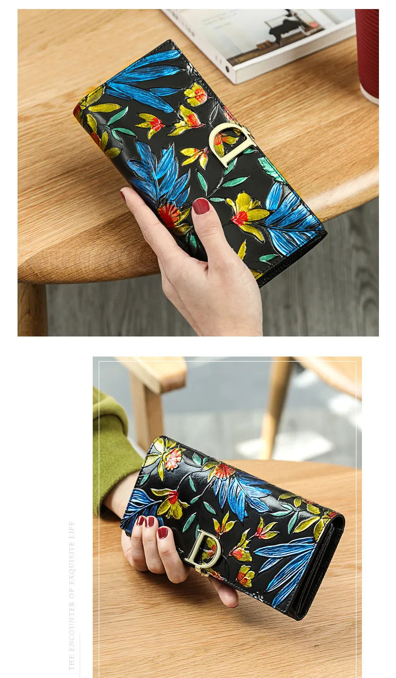 Genuine Leather Purse Wallet Female 3d Embossing Ladies Personality Retro Long Clutch Wallet Women Purse Coin Holders