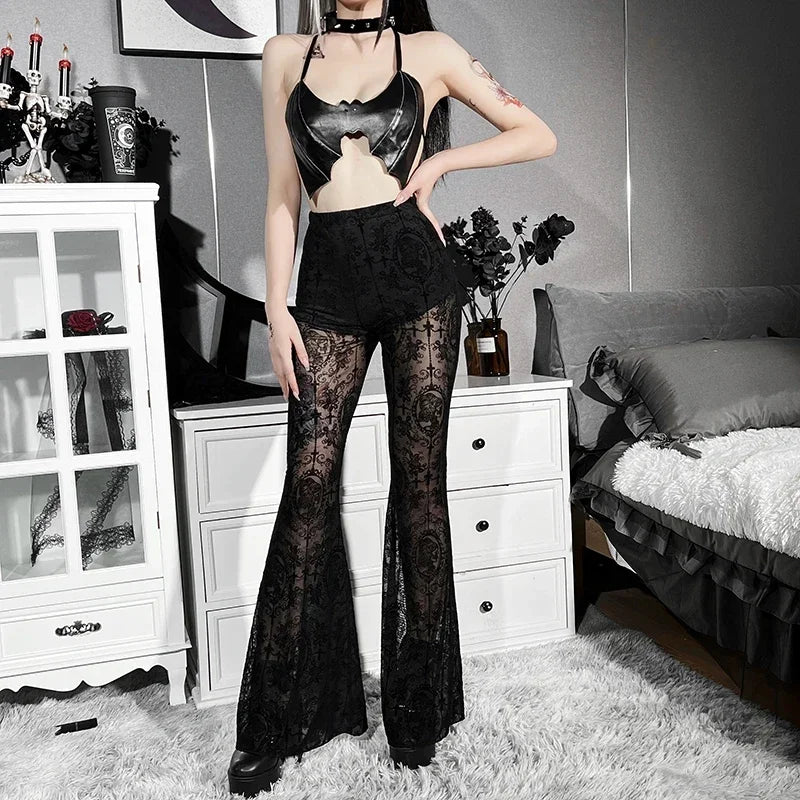 Women's High-Waist Mesh Lace Flare Pants