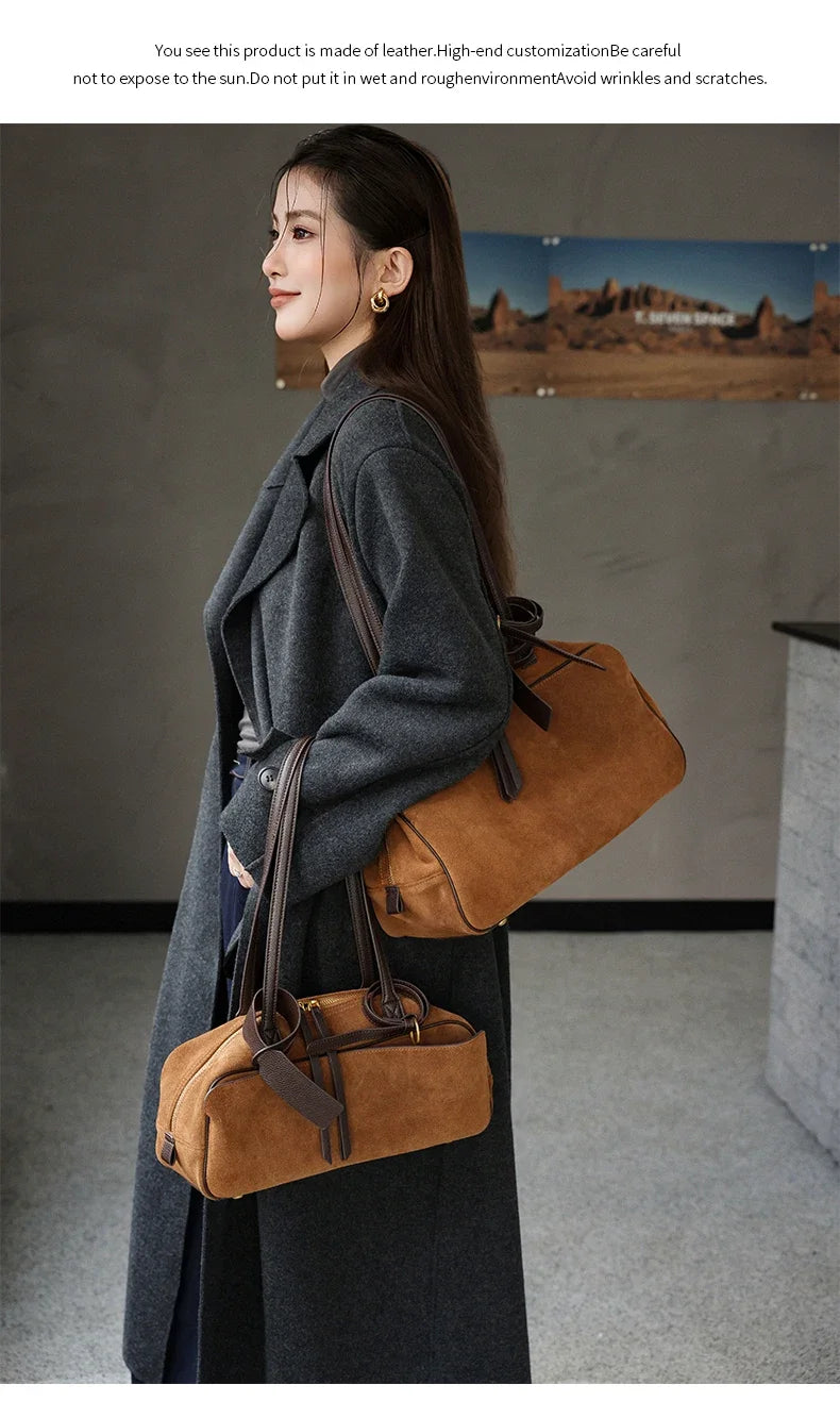 Ladies Casual Soft Suede Cowhide Handbags Women's Frosted Cow Leather Shoulder Bag Female Fashion Trend Luxury Designer Bags New