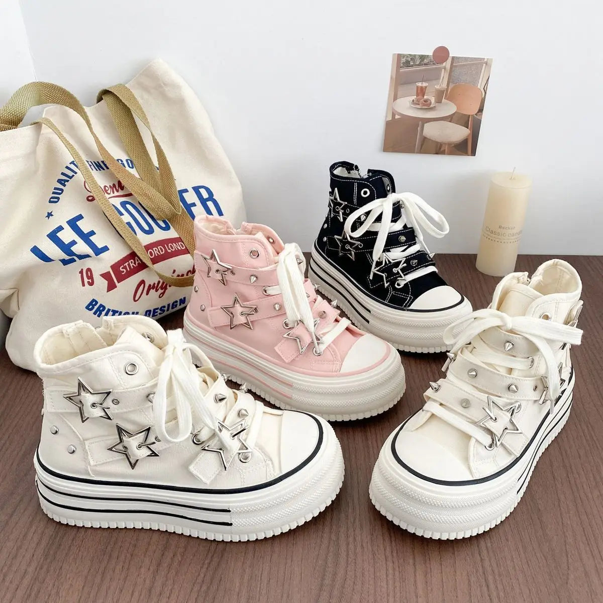 Women's High-Top Canvas Platform Sneakers — Rivet Buckle Lace-Up