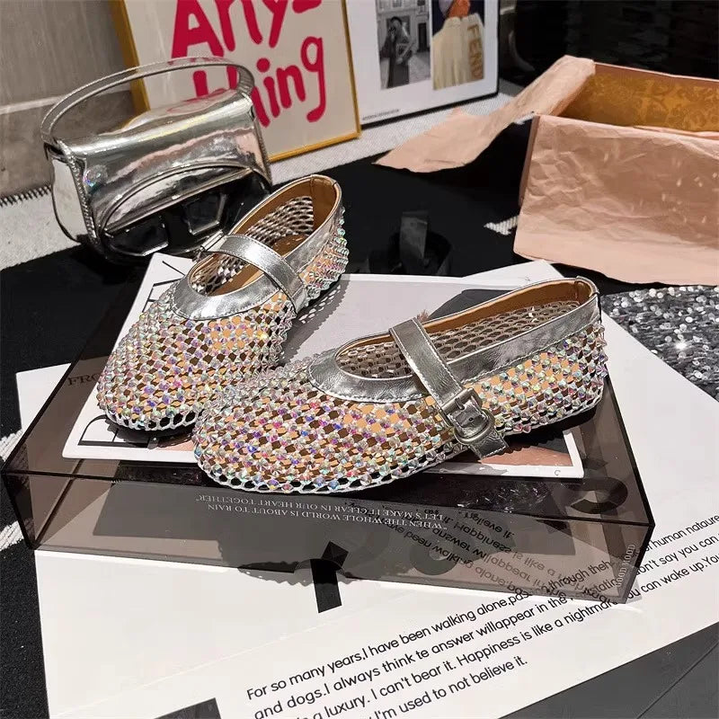 Rhinestone Mary Jane Mesh Ballet Flats