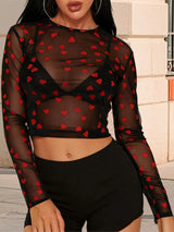 Heart Print Mesh Long Sleeve Crop Top