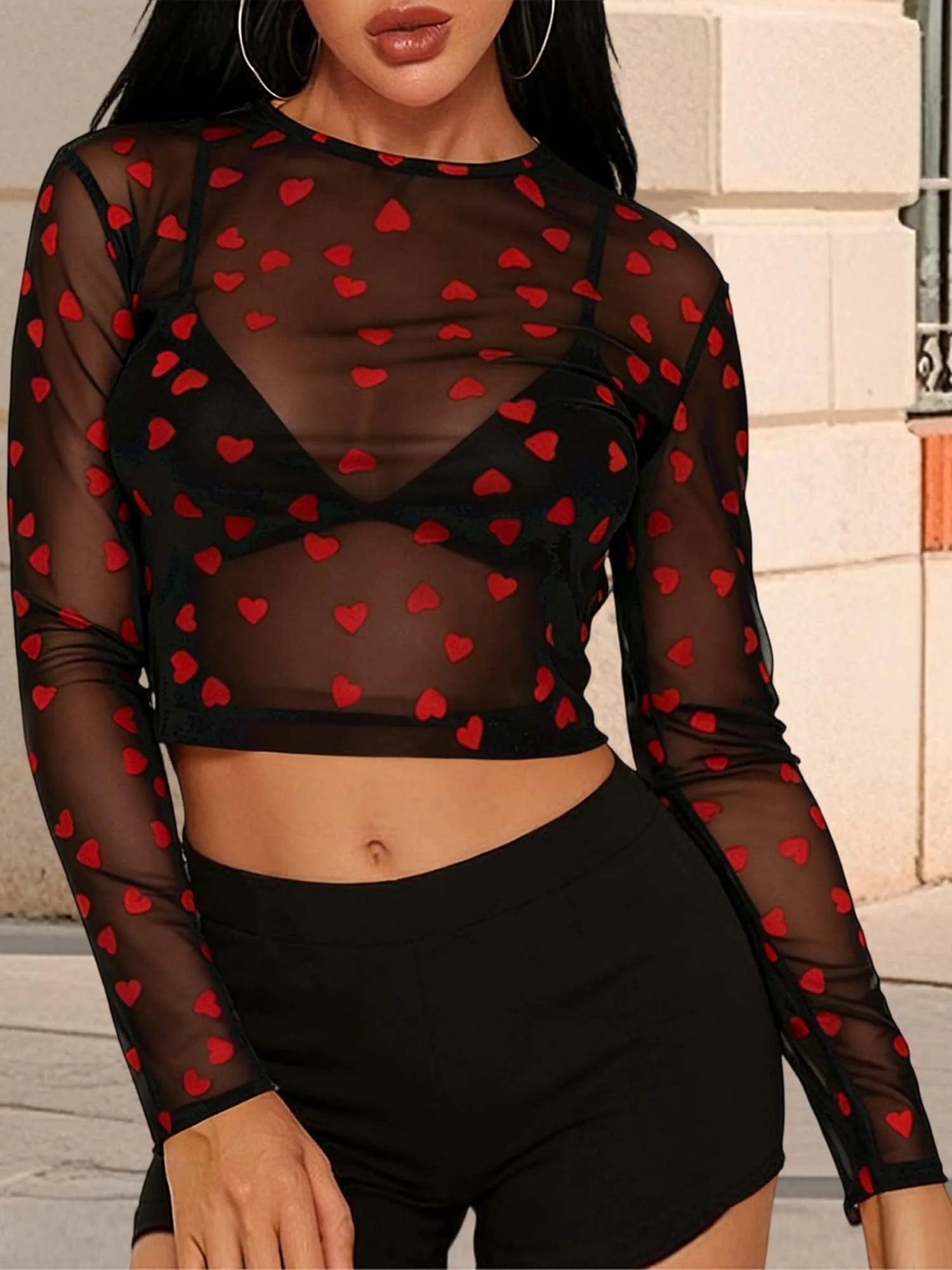 Heart Print Mesh Long Sleeve Crop Top