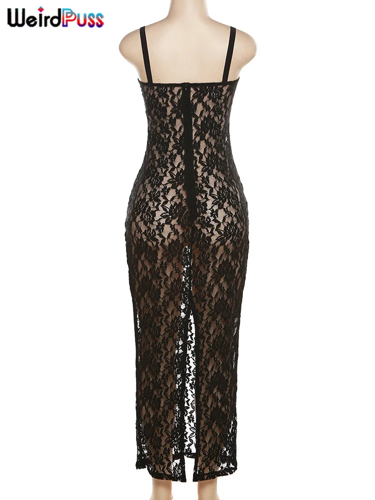 Sheer Lace Bodycon Maxi Dress