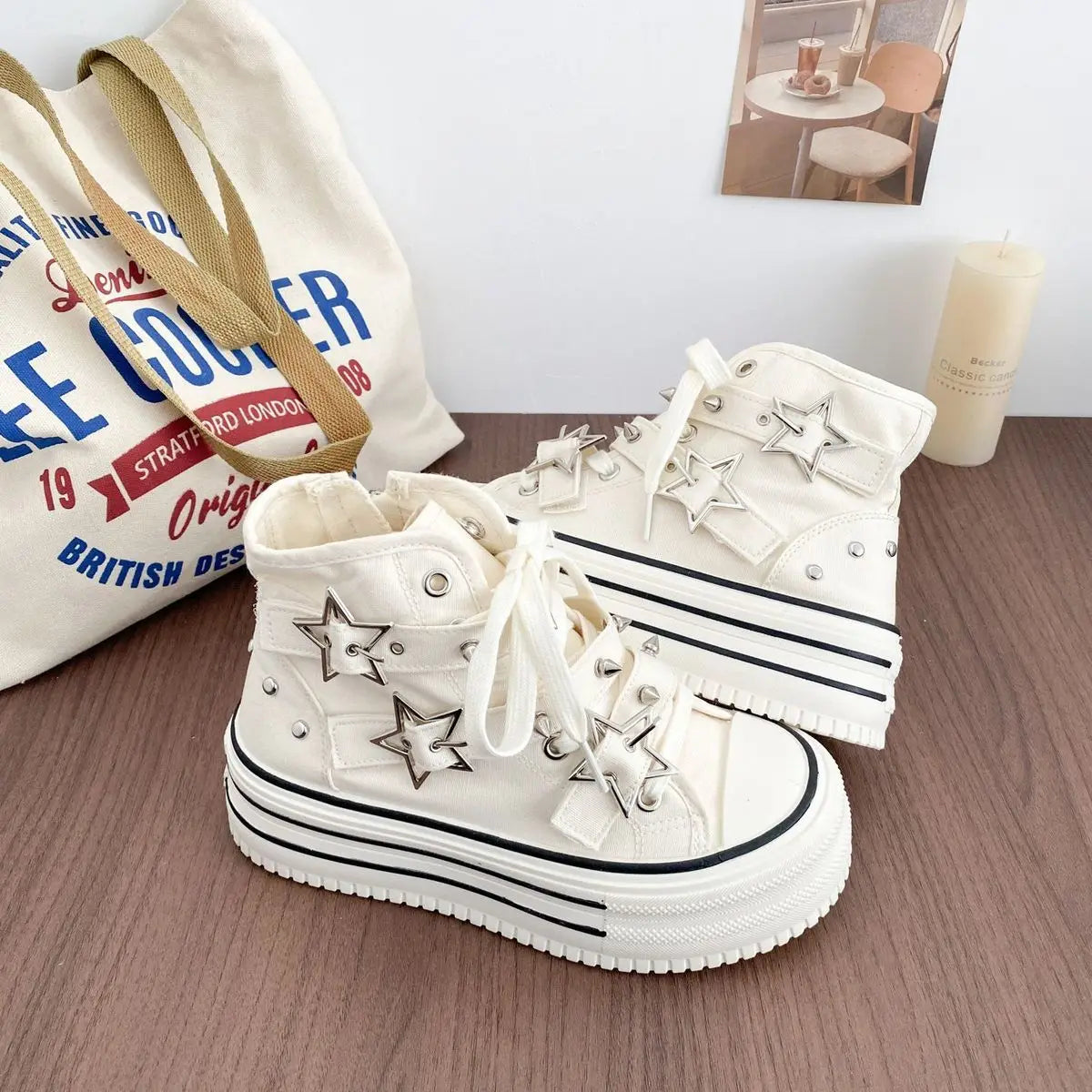 Women's High-Top Canvas Platform Sneakers — Rivet Buckle Lace-Up