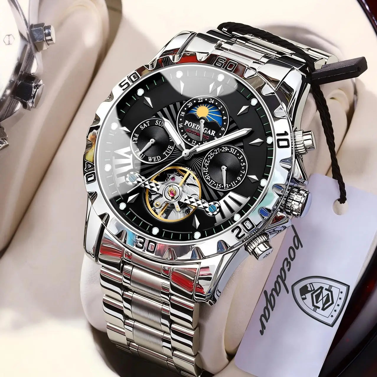 POEDAGAR Luxury Men Watch Luminous Waterproof Hollow Tourbillon Male Clock Week Date Business Automatic Mechanical Men's Watches