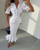 Women Elegant Printed V-neck Dress Chic Lapel Waist Cinched Pleated High Waisted Dresses 2026 Summer New Lady Vacation Gowns