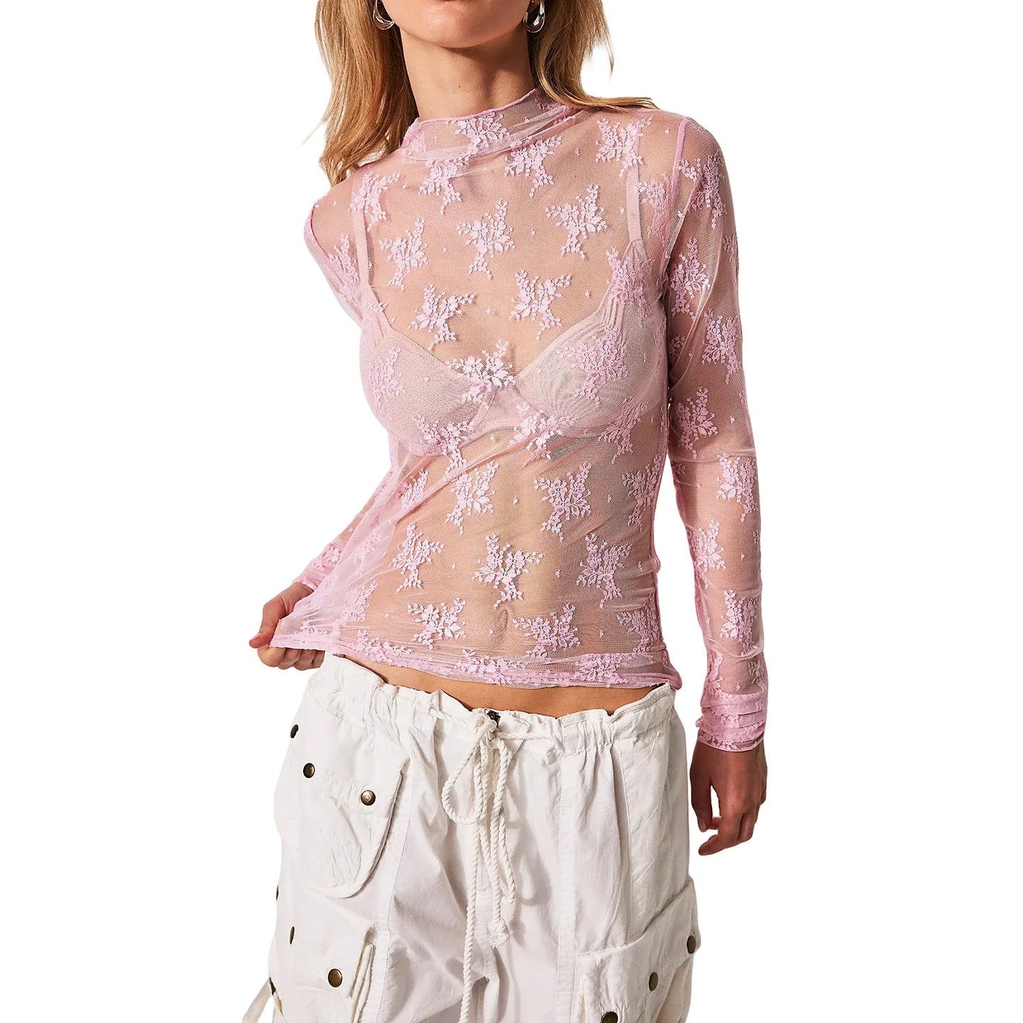 Floral Lace Sheer Mesh Long Sleeve Top