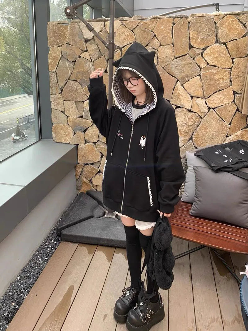 Women's Cute Cat Print Relaxed Zip-Up Hoodie