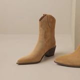 2026 Autumn Cow Suede Women Boots Pointed Toe Chunky Heel Boots for Women Fashion Short Boots Winter Boots Women Western Boots