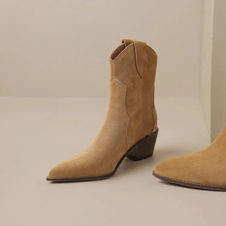2026 Autumn Cow Suede Women Boots Pointed Toe Chunky Heel Boots for Women Fashion Short Boots Winter Boots Women Western Boots