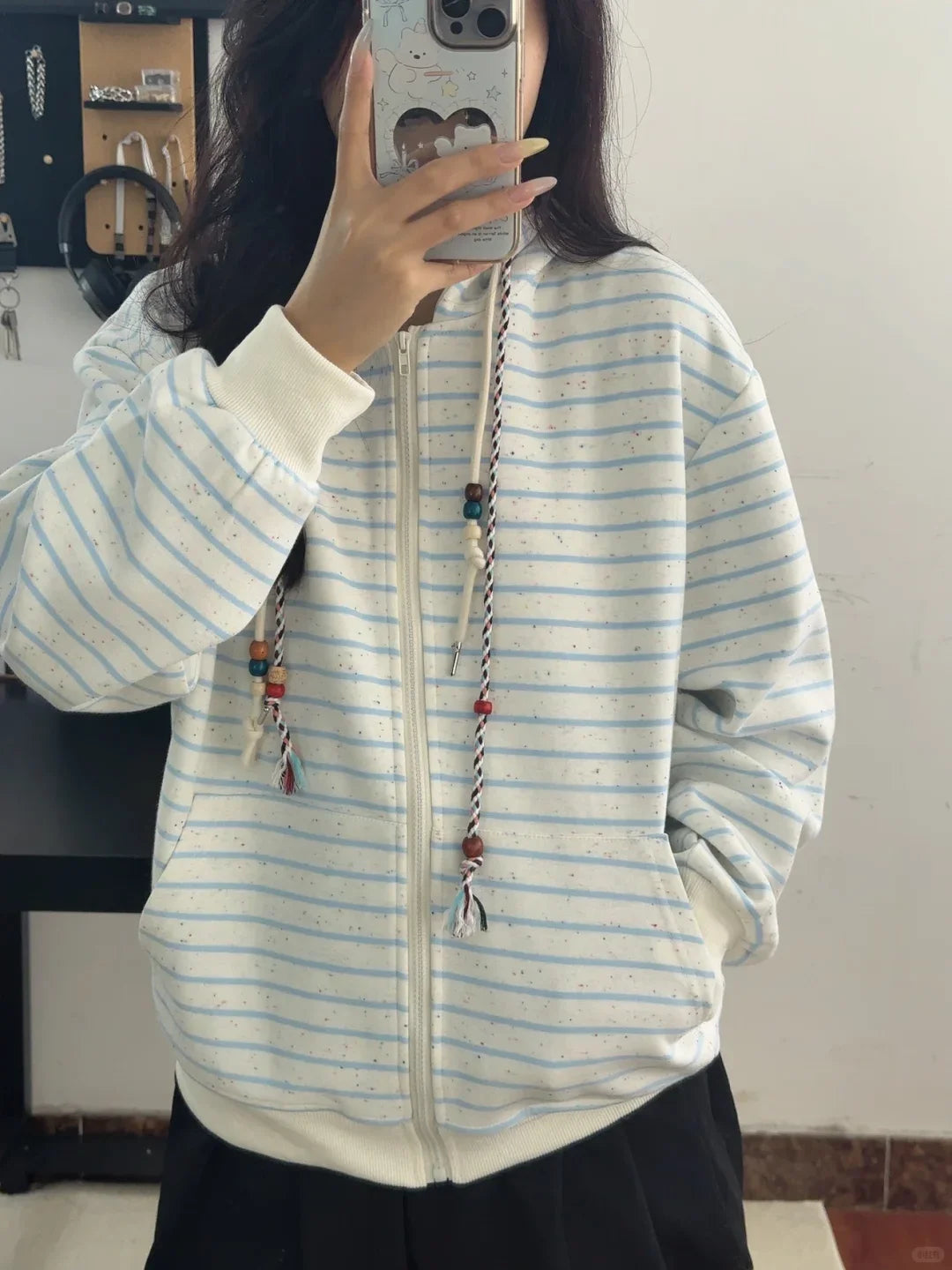 Y2K Vintage Zipper Hoodie Women Long Sleeve Subculture Purple Stripe Priint Harajuku Style Autumn Spting Casual Tops Streetwear