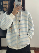 Y2K Vintage Zipper Hoodie Women Long Sleeve Subculture Purple Stripe Priint Harajuku Style Autumn Spting Casual Tops Streetwear