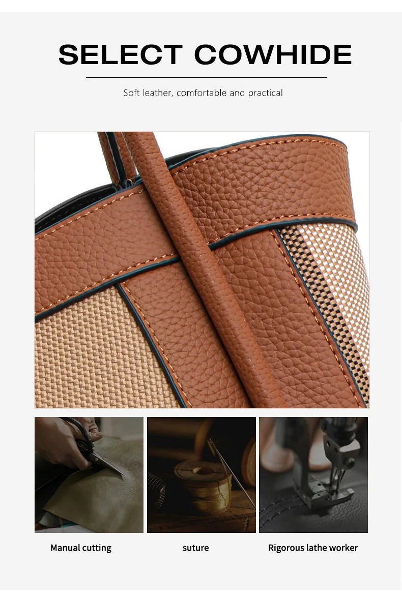 Aidrani  New retro checkered women's handbag, large capacity luxury bag, canvas genuine leather bag