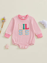 Infant Girls Jumpsuit Stylish Long Sleeve Crew Neck Romper with Embroidered Letters and Striped Design for Everyday Wear