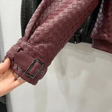Natural Sheepskin Coat Women Autumn European and American Fashion Short Motorcycle Casual High Quality Hand-Woven Leather Jacket