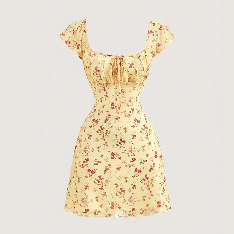 Floral Summer A-Line Dress – Ruffled Square Neck Backless Party Mini