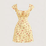 Floral Summer A-Line Dress – Ruffled Square Neck Backless Party Mini