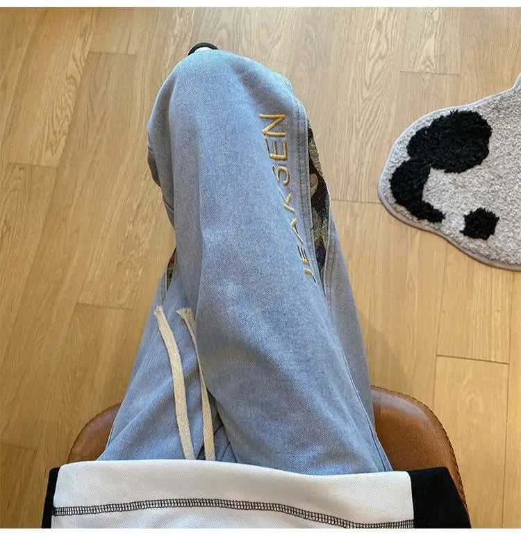 Men’s Bear Embroidered Wide-Leg Jeans