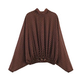 ETJ Women's Polka Dot Blouse Skirt Set 2026 Spring High Neck Batwing Sleeve Sheer Front Tie Bow Midi A-Line Dress Set